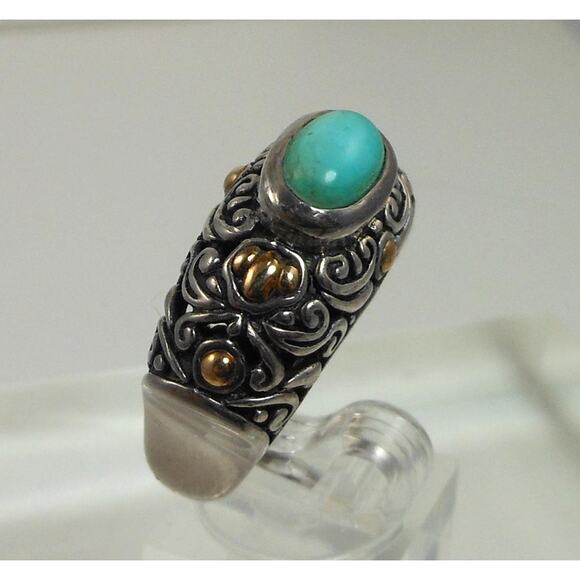 Elegant Vintage Turquoise Ring Sterling Silver 18K Gold Handmade Designer Size 8 - Picture 7 of 10